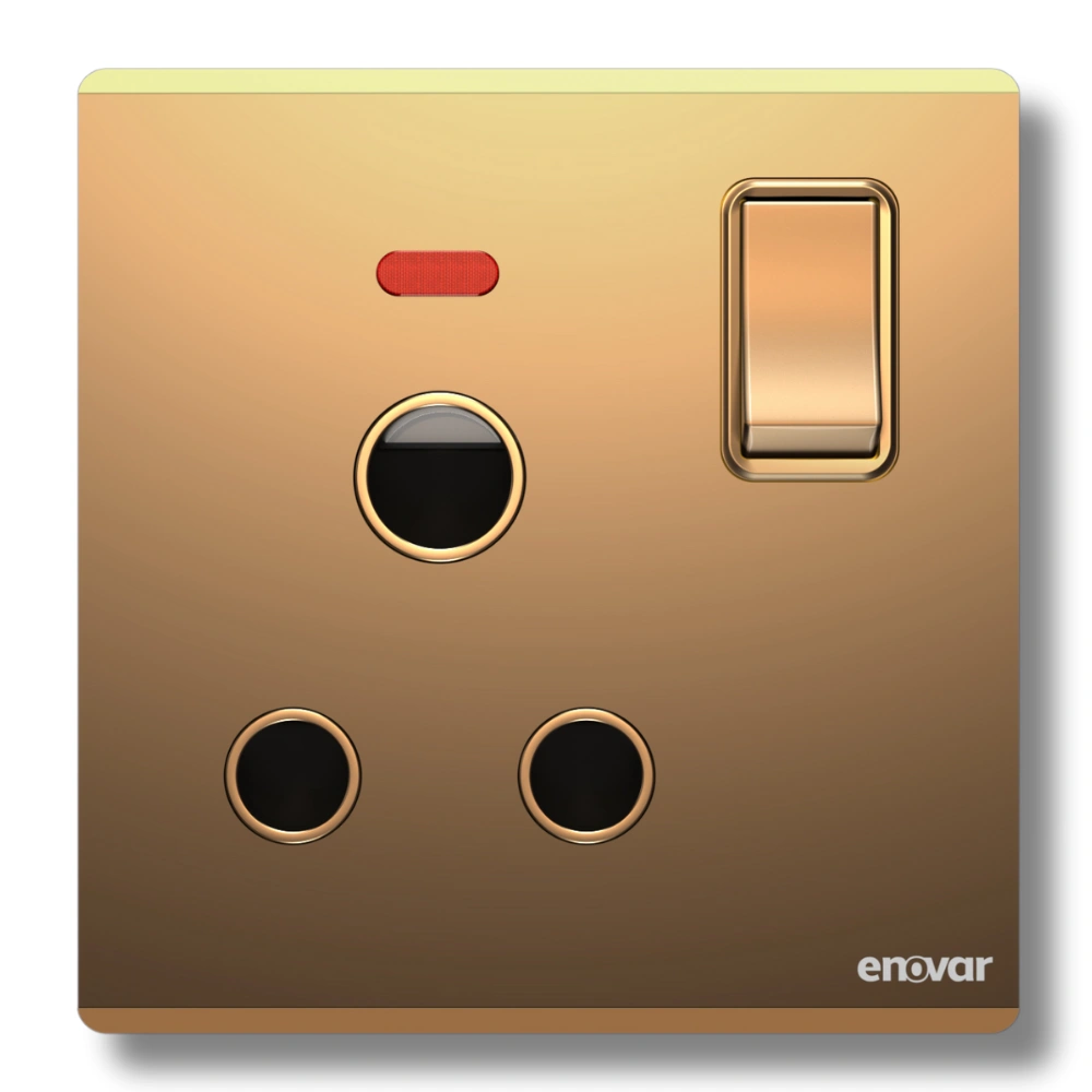 Aurora (11) ENOVAR (Aurora) 3 Pin Round Socket with Switch, white, installed on a wall.