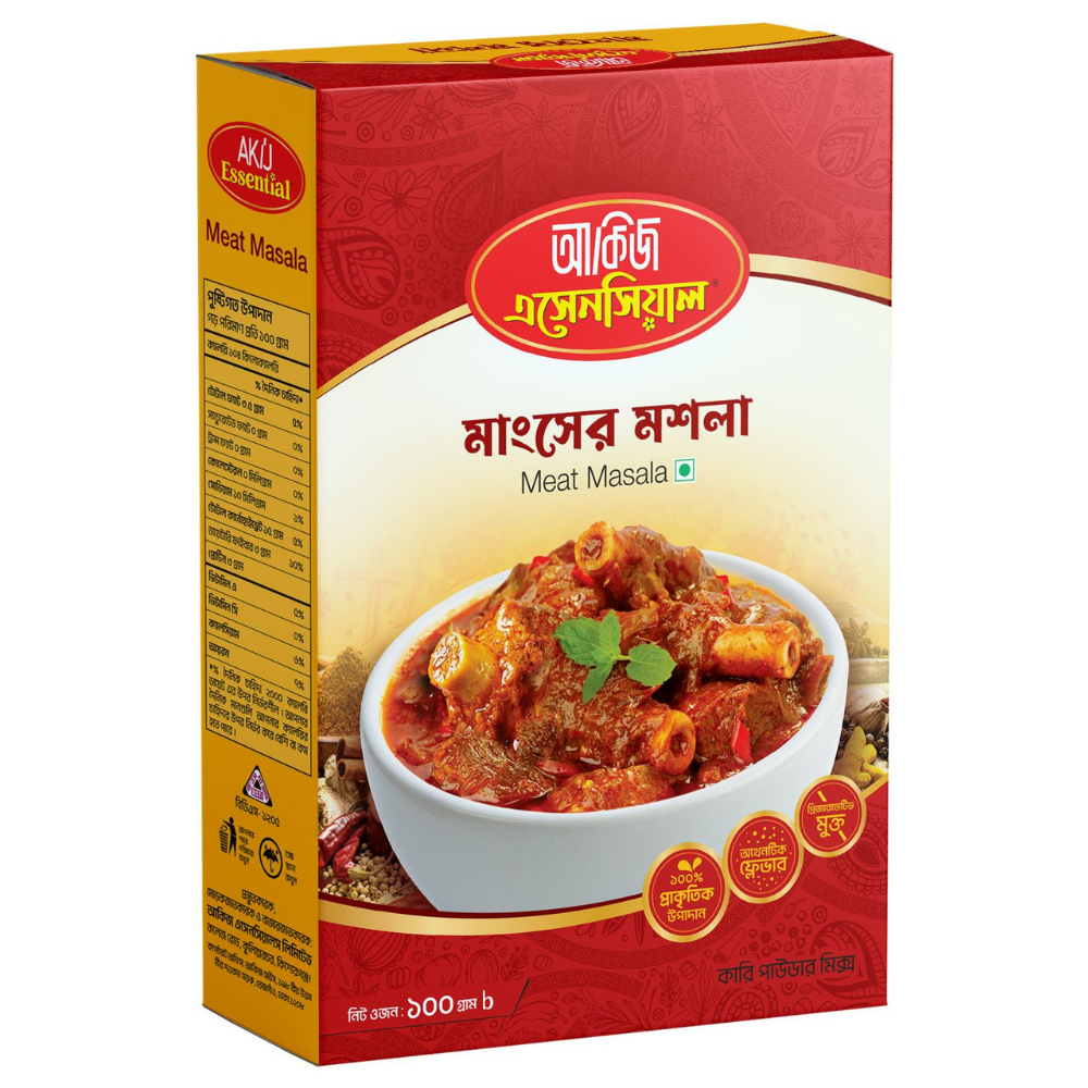 mansgso আকিজ এসেনসিয়াল মাংসের মশলা ১০০ গ্রাম in its vibrant red packaging, ready for use.