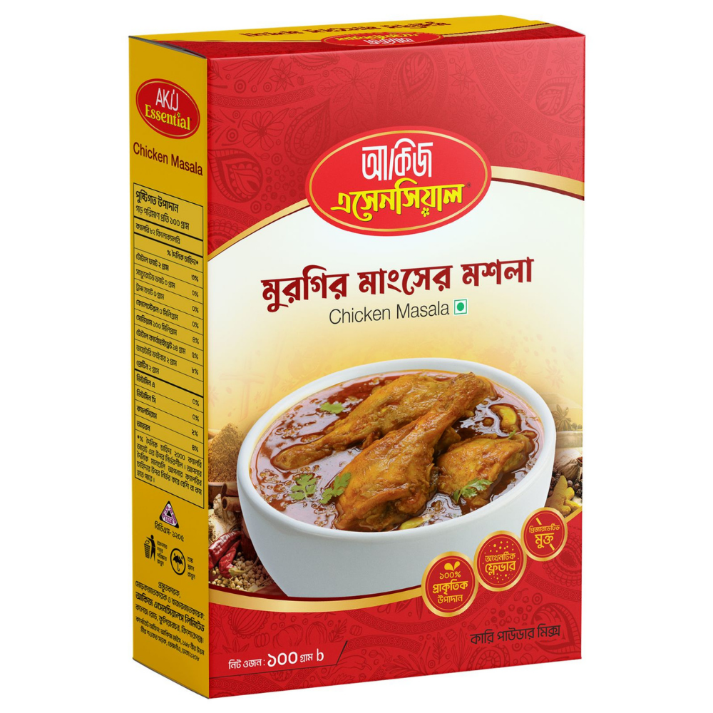 murgi Akij Essential Chicken Masala 100g packet ready for delicious chicken dishes.
