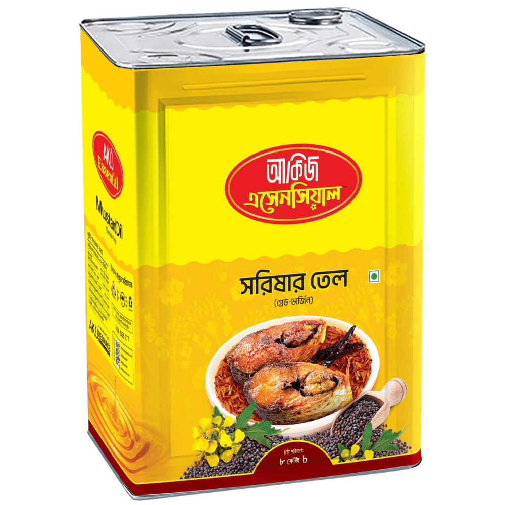Akij Essential Mustard Oil 8 KG container, showcasing its rich golden color.