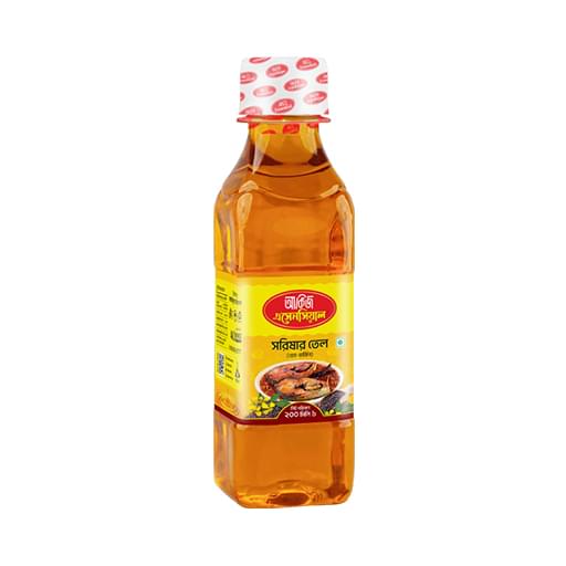 Mustard-oil-200-ml Akij Essential Mustard Oil 200ml bottle, pure golden liquid pouring into spoon