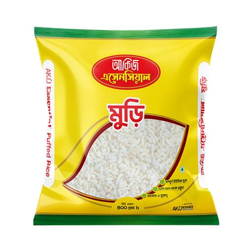 Puffed-Rice-400-gm Akij Essential Puffed Rice 400 gram pack, open with crispy grains spilling