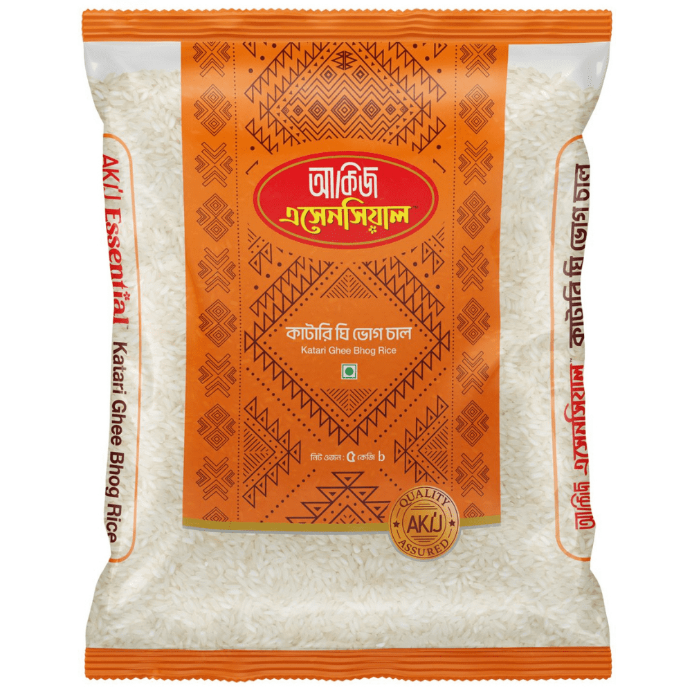 katari ghee vog 5 kg Akij Essential Katari Ghee Bhog Rice 5kg package, displaying premium white grains.