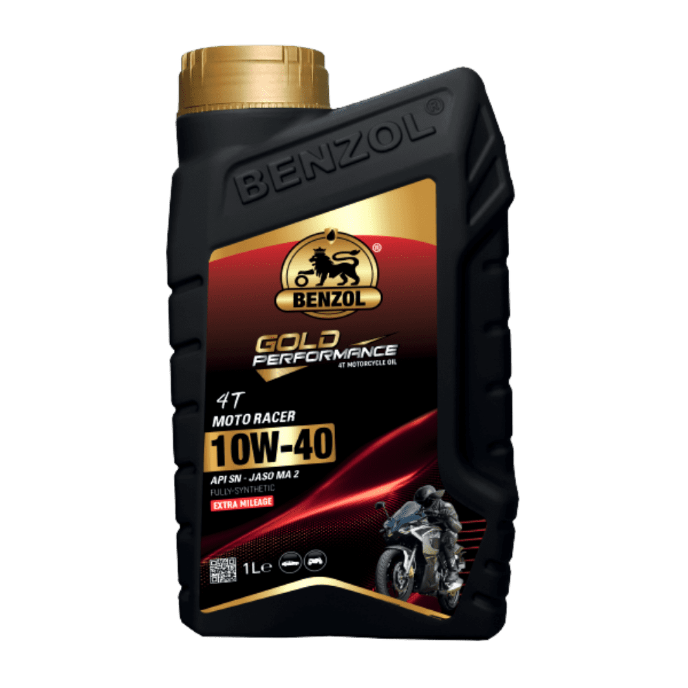 4T Moto Racer 10W40 (Fully Synthetic) 1L bottle on a sleek motorcycle dashboard.