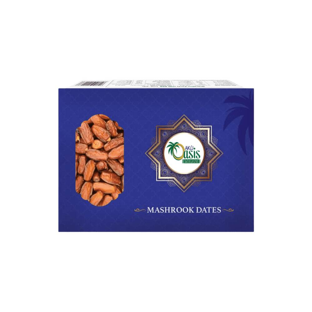 MAshrook AKIJ Oasis Mashrook Dates 1kg in clear packaging, showing rich brown dates.