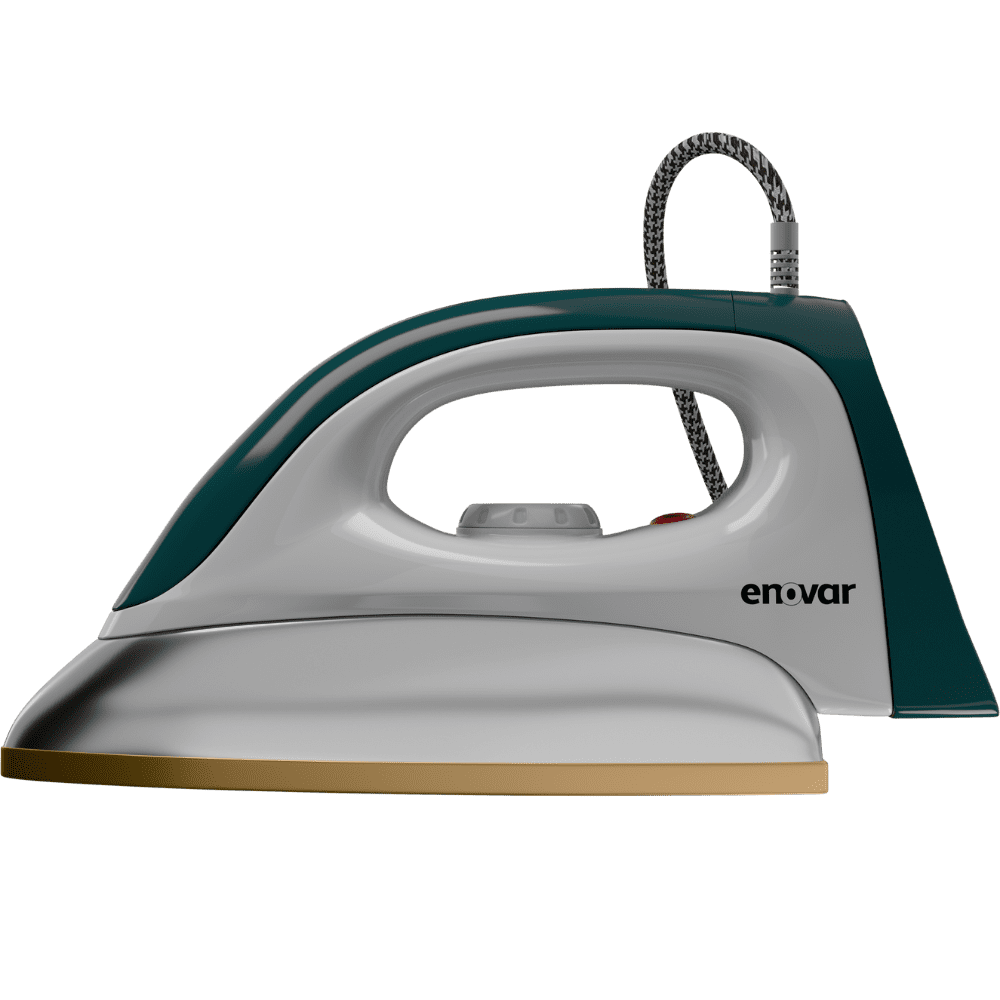 Enovar Heavy Dry Iron-Sea Green-EHDI01 on an ironing board, ready for use.